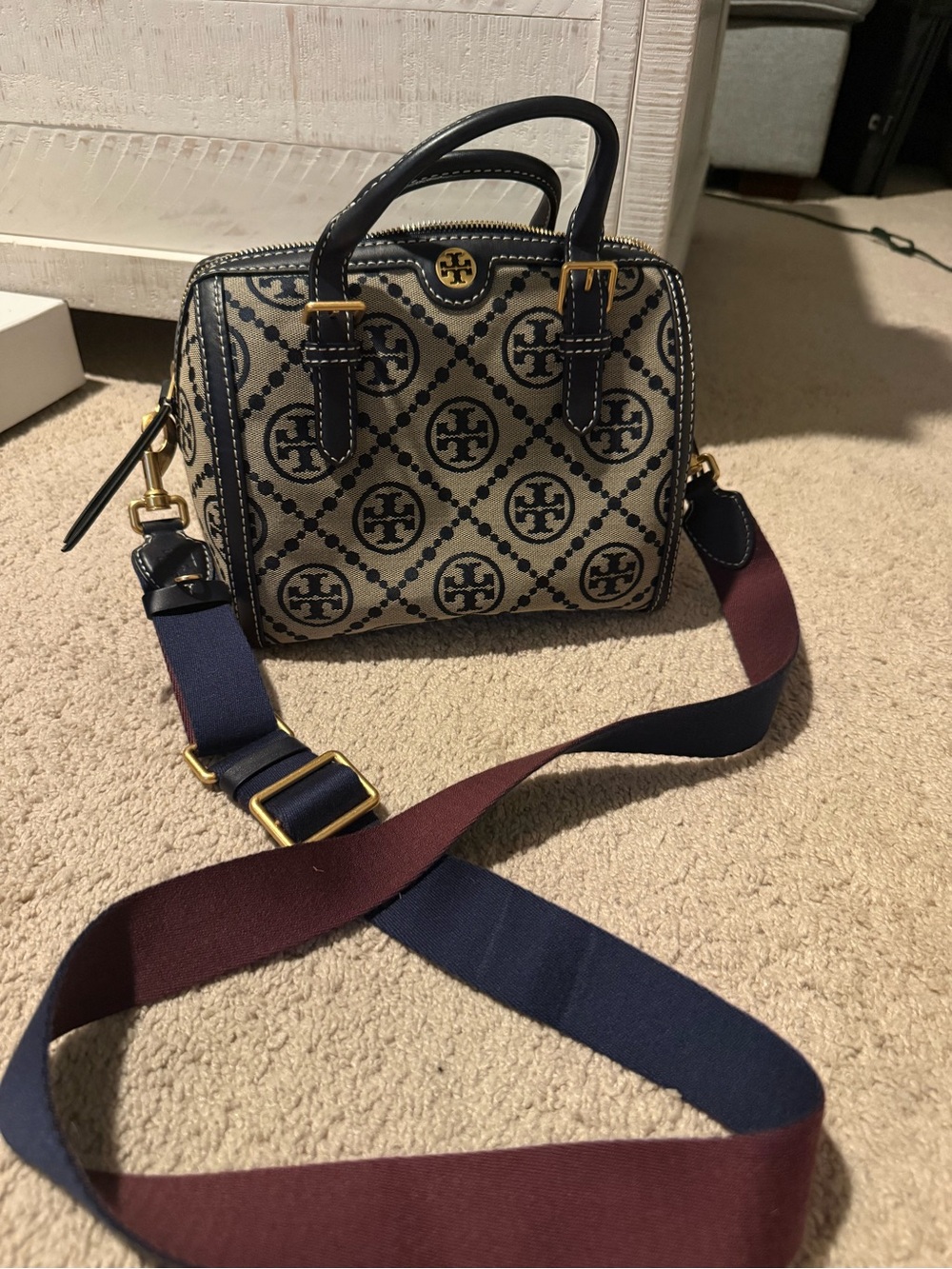 Tory Burch Navy Logo Canvas Satchel with Contrast Strap